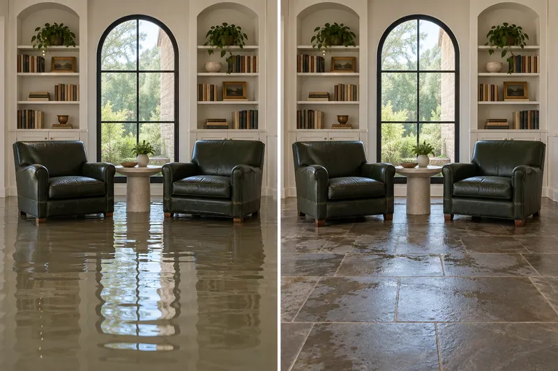 Water Extraction Near Carl Levin Park — same room before water collection and afterward with damp flooring