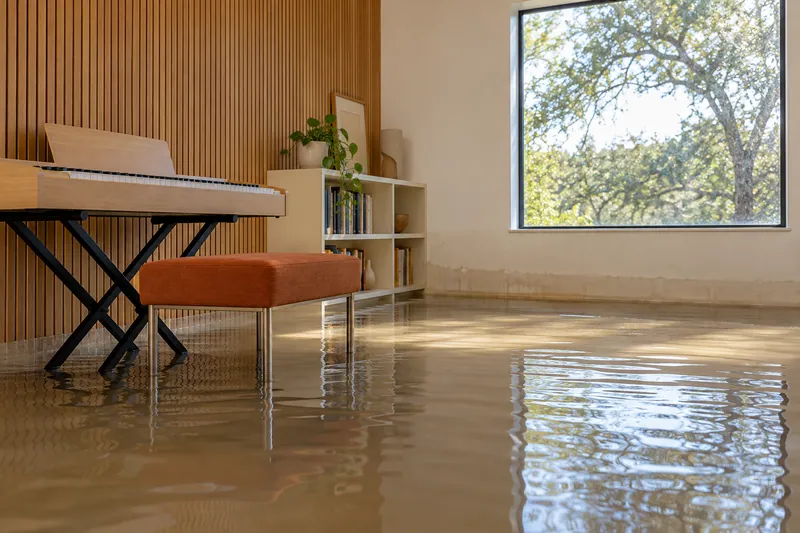 Water Extraction Near Carl Levin Park — substantial pool with waterlines and partly submerged lower furniture feet