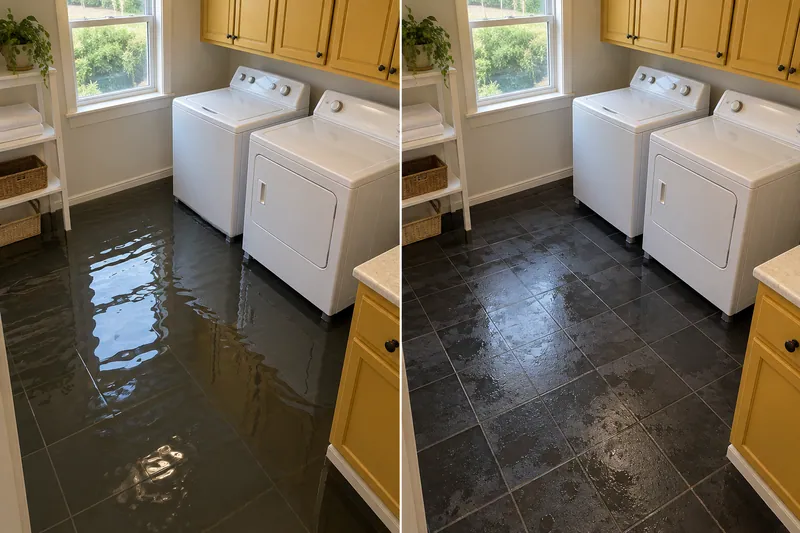 Water Extraction Near Community Park — same room before water collection and afterward with damp flooring
