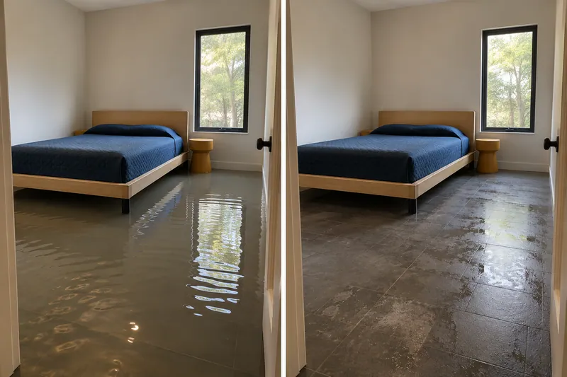 Water Extraction Near Purser Family Park — same room before water collection and afterward with damp flooring