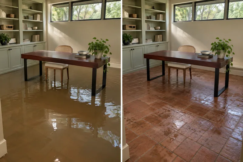 Water Extraction Near Kern Park — same room before water collection and afterward with damp flooring
