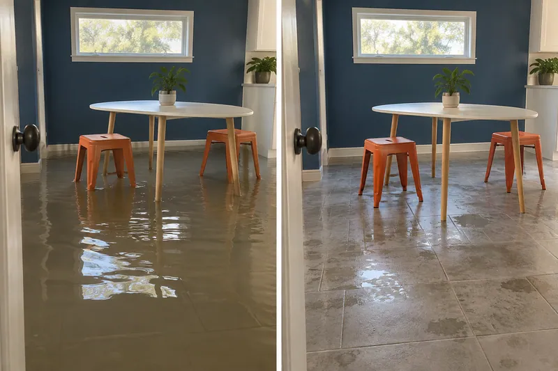 Water Extraction Near Skipcha Park — same room before water collection and afterward with damp flooring