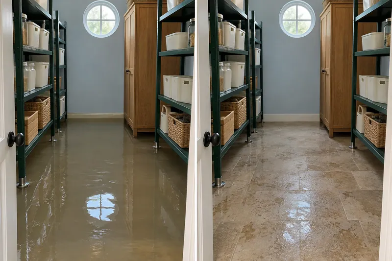 Water Extraction Near Goode-Connell Park — same room before water collection and afterward with damp flooring