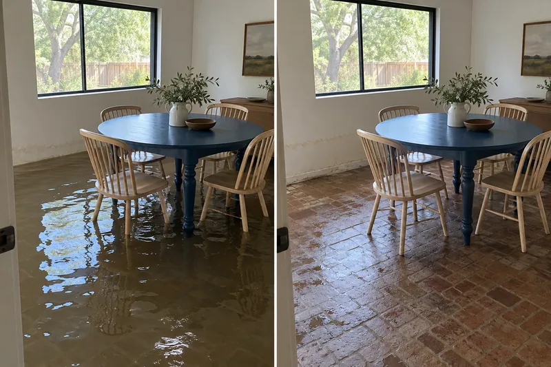 Water Extraction in Harker Heights — same room before water collection and afterward with damp flooring