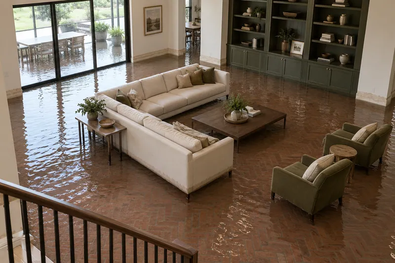 Water Extraction in Harker Heights — substantial standing water around a sectional beneath an elevated room view